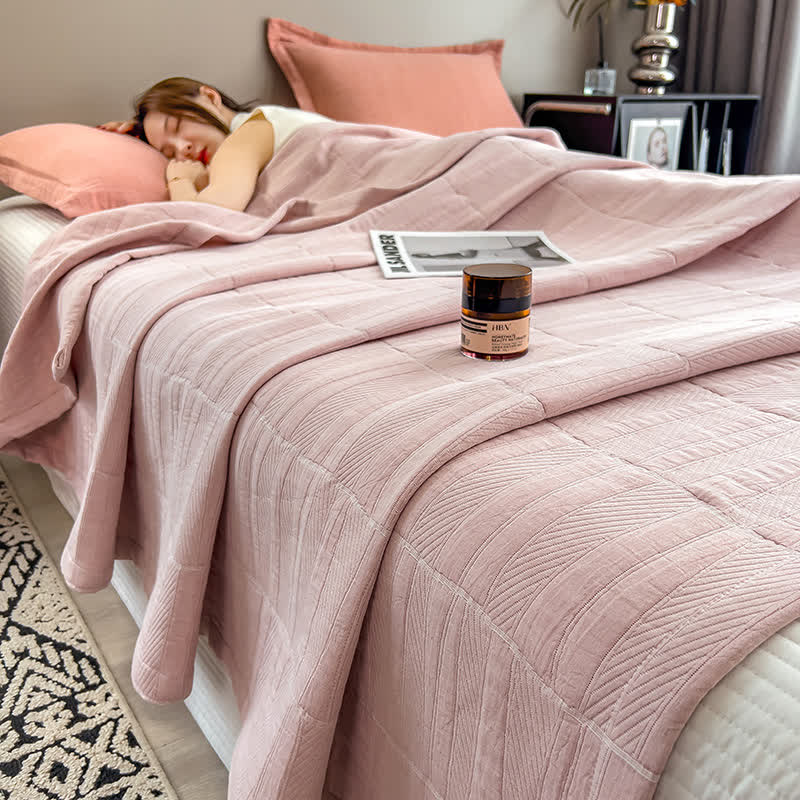 Minimalist Stripe Print Cotton Muslin Quilt - Pink - King - image 2