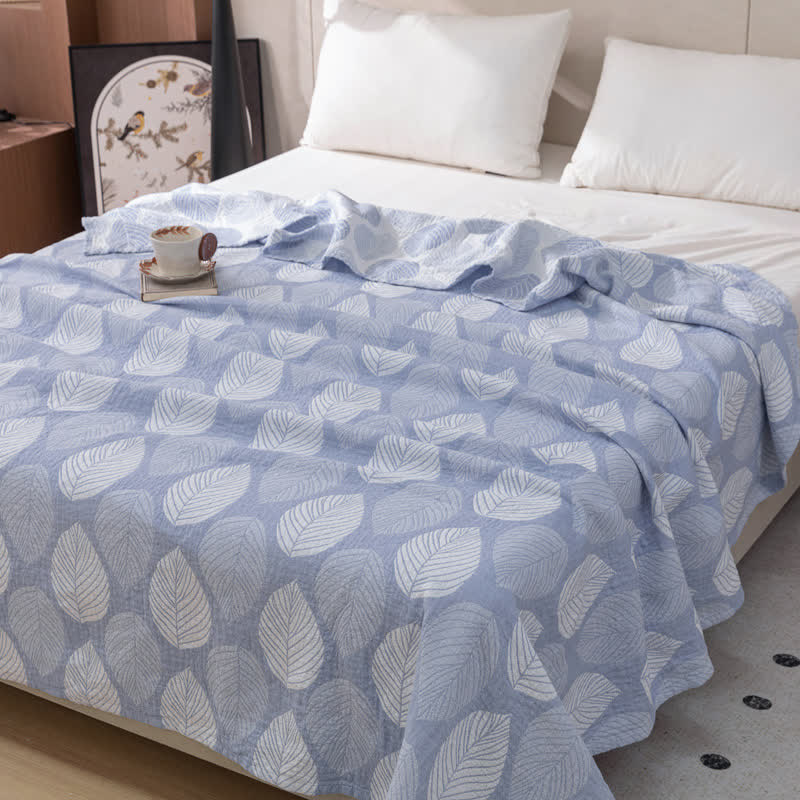 Leaf Print Cotton Gauze Jacquard Quilt - Blue - Queen - image 2