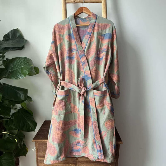 Brown Leaf Print Cotton Kimono Robe - L - image 0