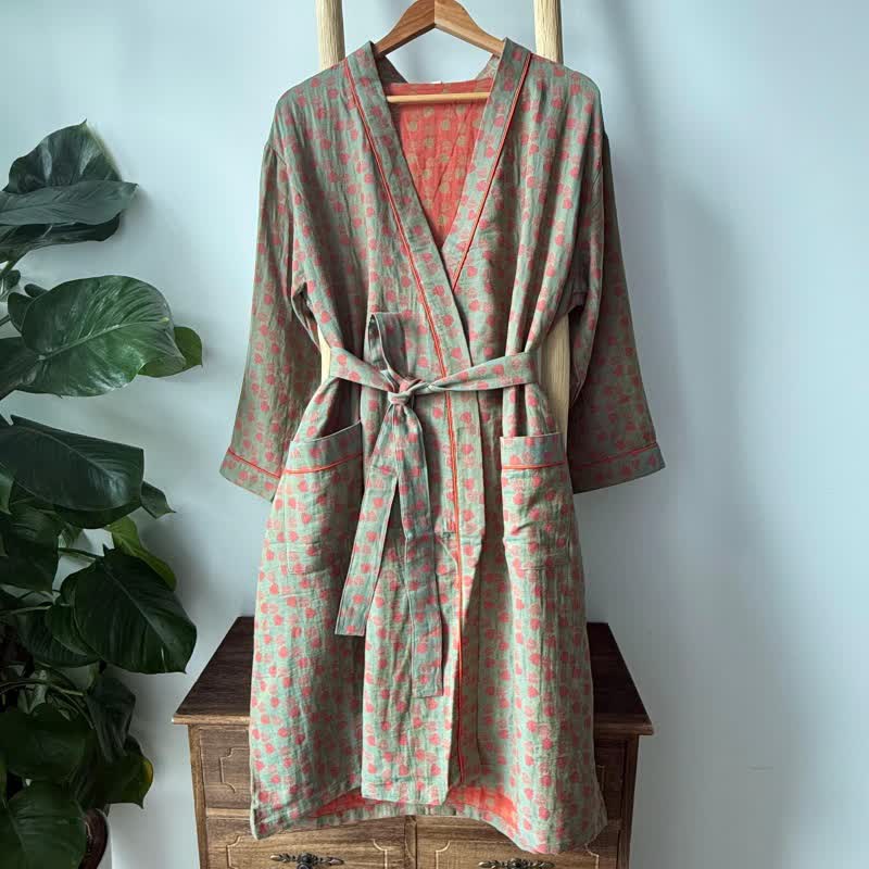 Orange Monstera Print Cotton Kimono Robe - L - image 0
