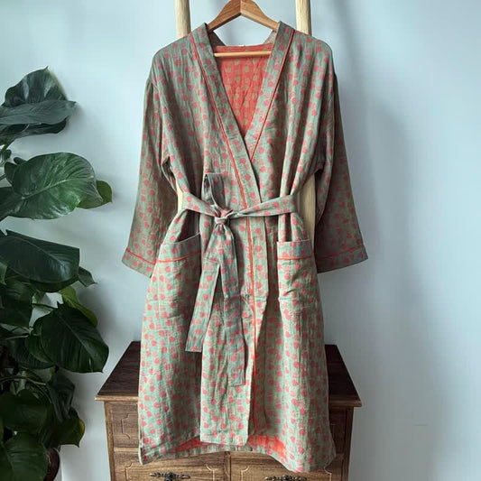 Orange Monstera Print Cotton Kimono Robe - L - image 0