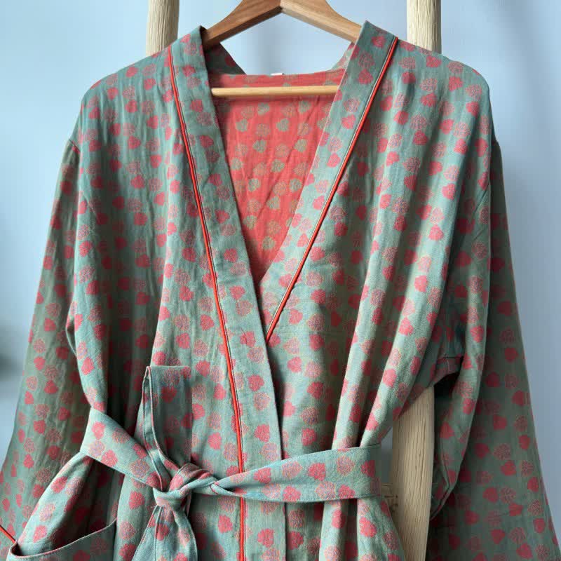 Orange Monstera Print Cotton Kimono Robe - image 2