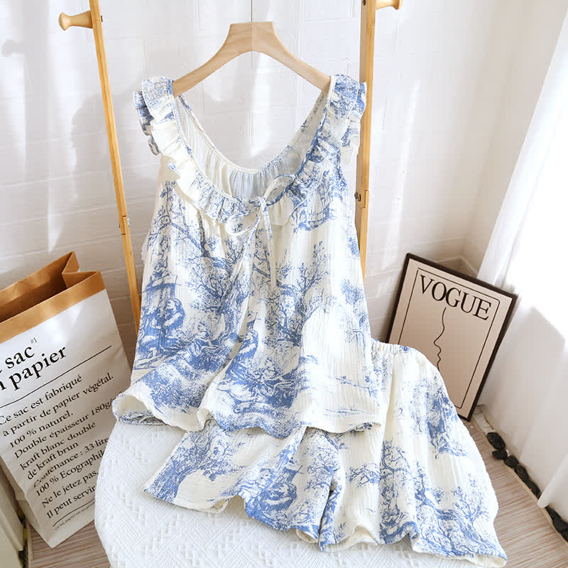 Vintage Landscape Print Cotton Gauze Ruffle Camisole Nightwear - Blue - Pajama Set - XL - image 5