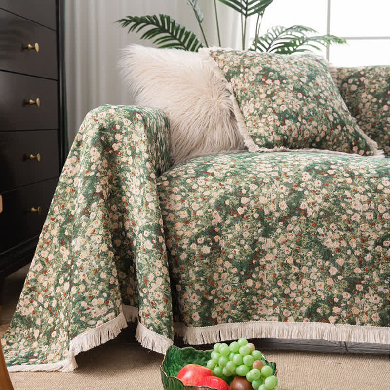 Green Floral Farmhouse Tassel Sofa Protector - 71" X 165" - image 0