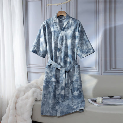 Unisex Blue Floral Cotton Gauze Bathrobe - XL - image 0
