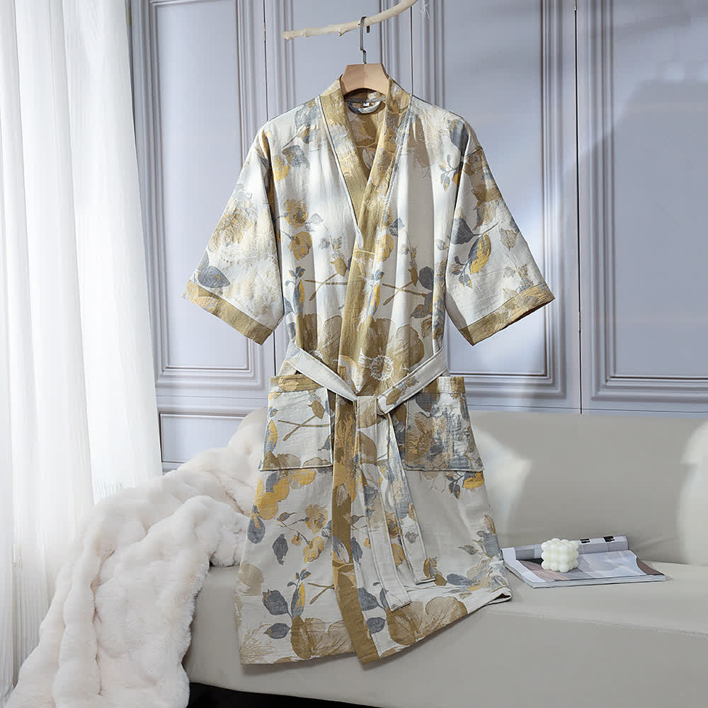 Unisex Yellow Floral Cotton Gauze Bathrobe - L - image 0