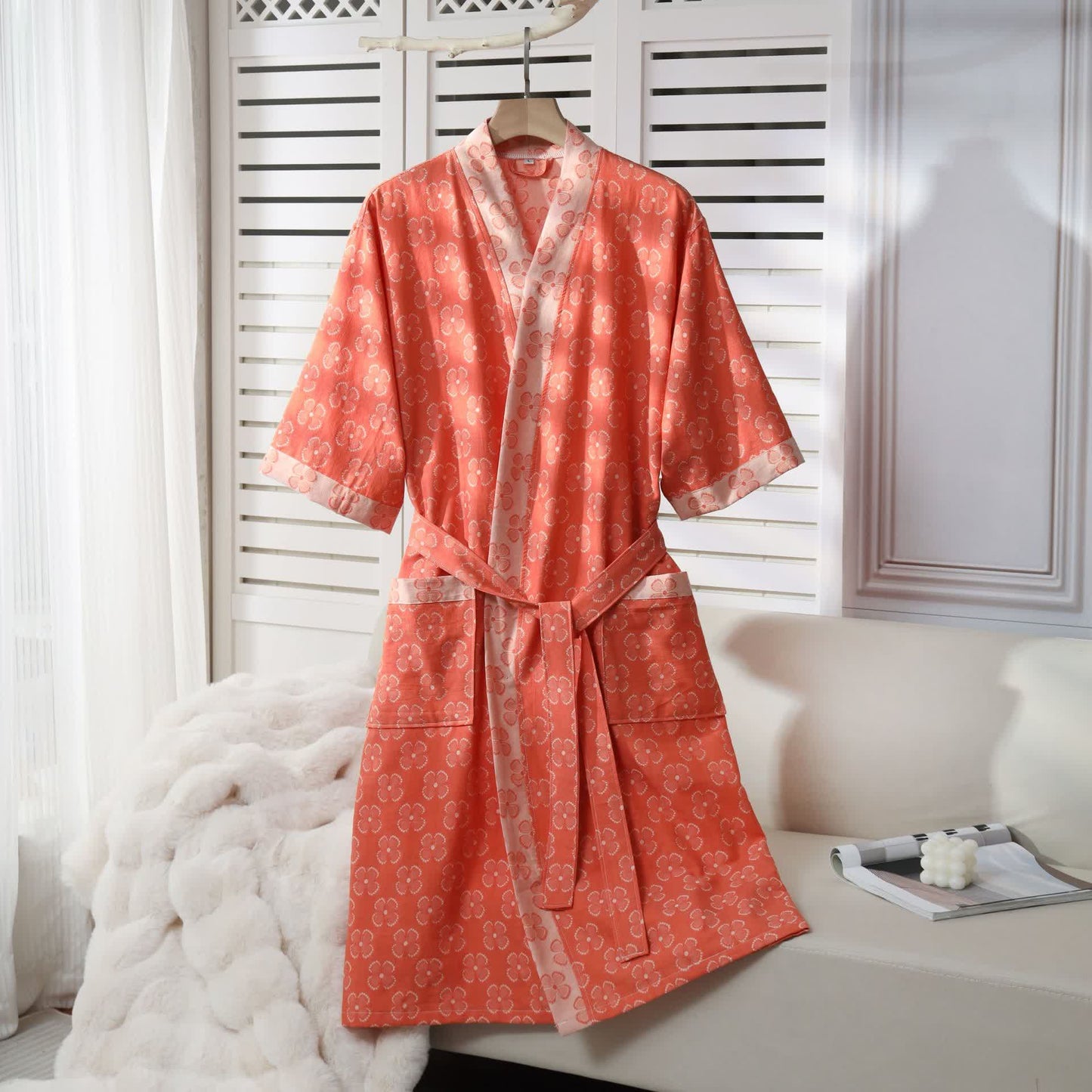 Four-Leaf Clover Cotton Gauze Kimono Robe - Orange - XL - image 6
