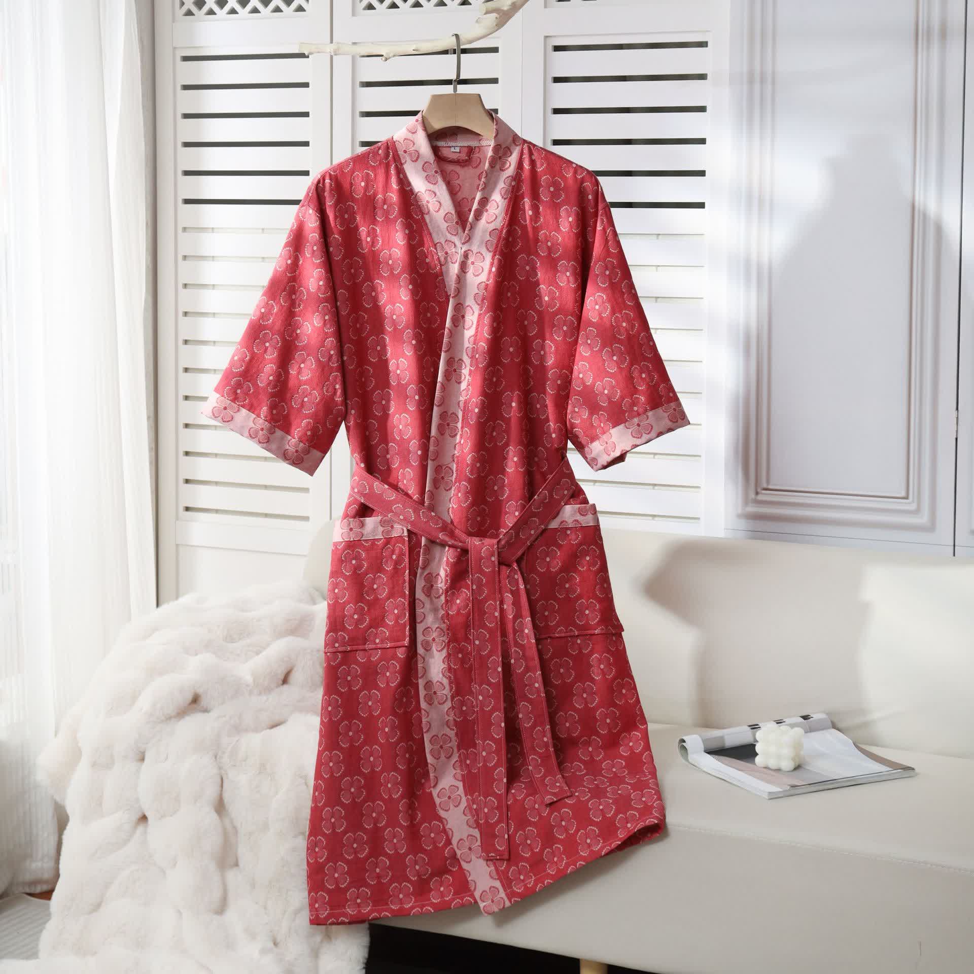 Four-Leaf Clover Cotton Gauze Kimono Robe - Red - XL - image 1