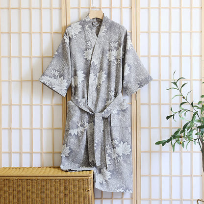 Maple Leaf Cotton Gauze Kimono Robe - Grey - XL - image 4