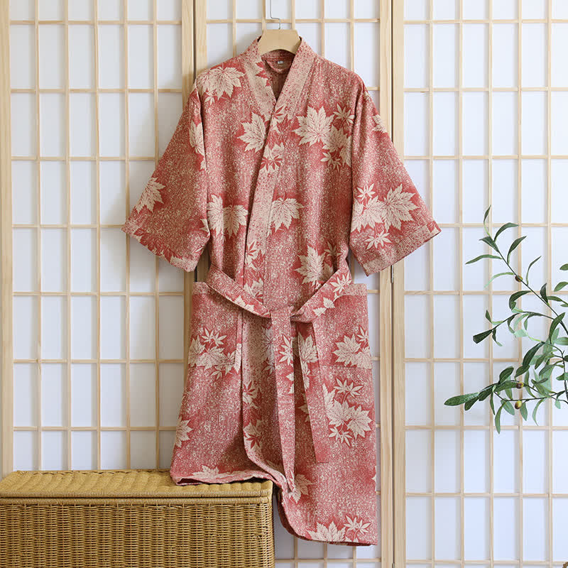 Maple Leaf Cotton Gauze Kimono Robe - Red - XL - image 2