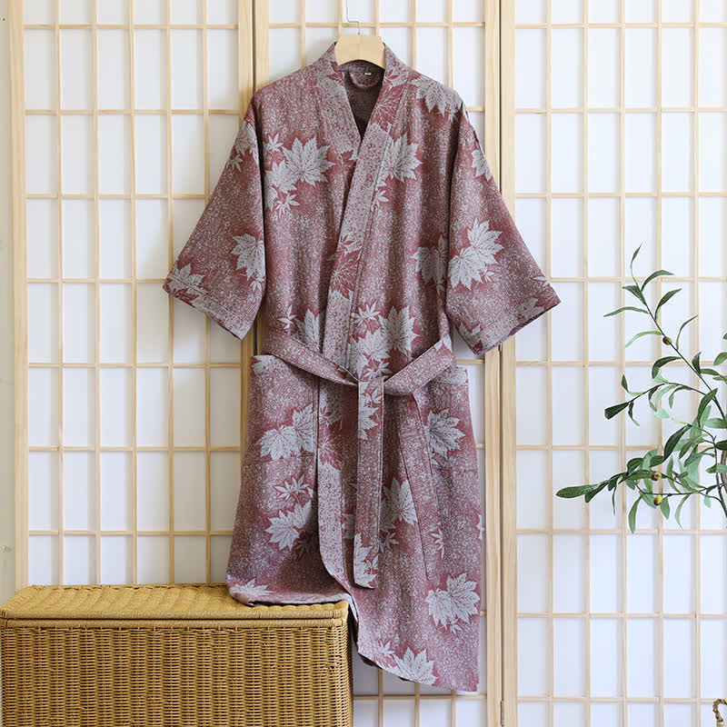 Maple Leaf Cotton Gauze Kimono Robe - Wine - XL - image 6