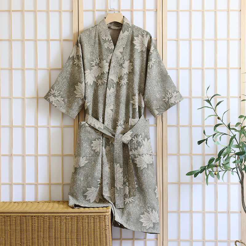 Maple Leaf Cotton Gauze Kimono Robe - Green - XL - image 5