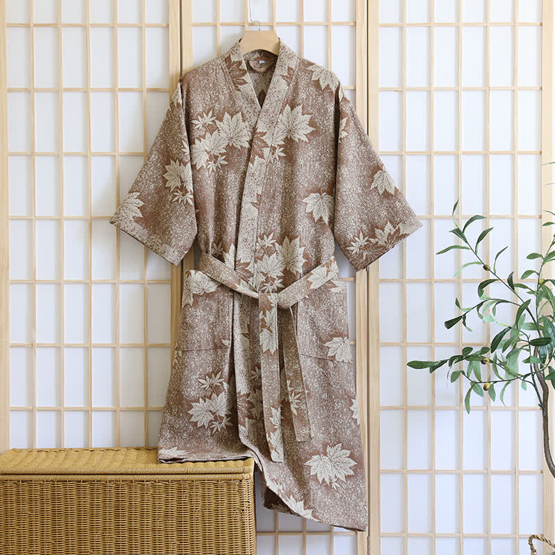 Maple Leaf Cotton Gauze Kimono Robe - Coffee - XL - image 8