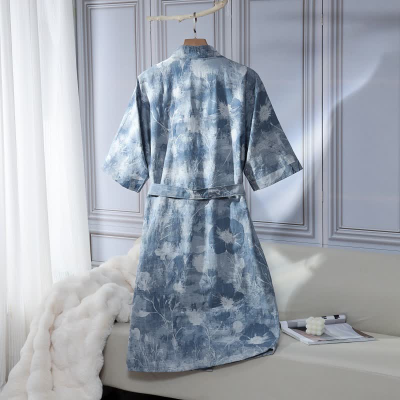Unisex Blue Floral Cotton Gauze Bathrobe - image 1