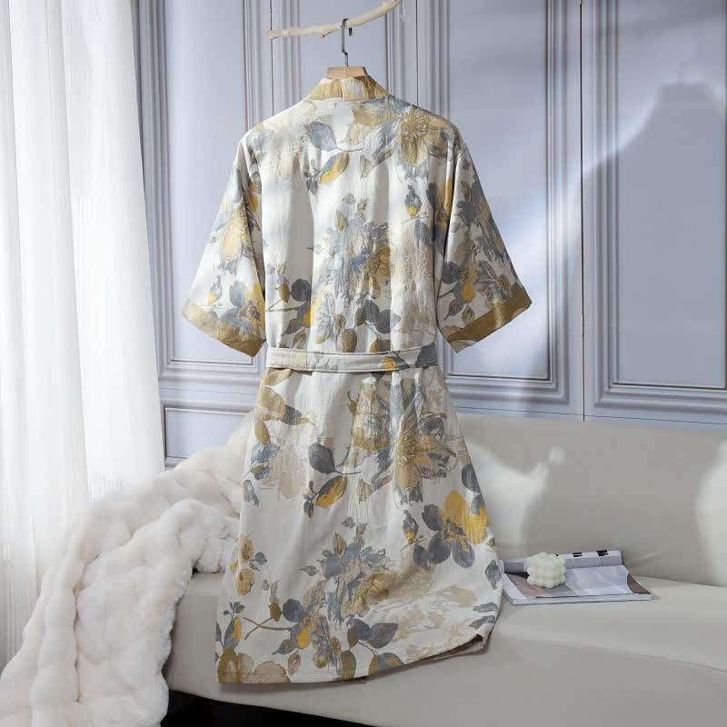 Unisex Yellow Floral Cotton Gauze Bathrobe - image 1