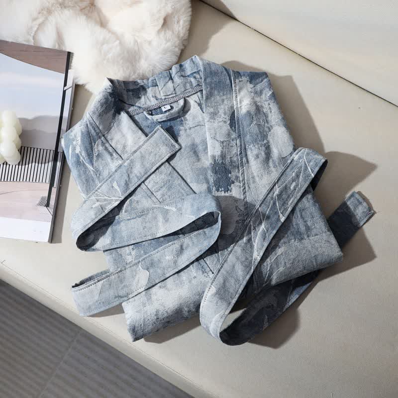 Unisex Blue Floral Cotton Gauze Bathrobe - image 2