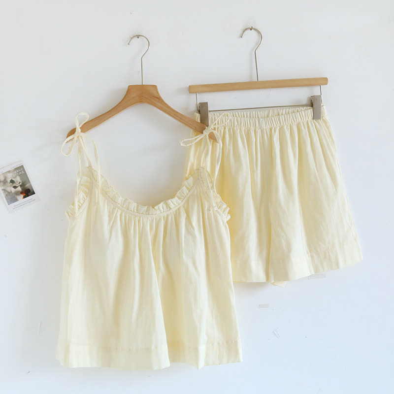 Ruffle Trim Cotton Padded Camisole Pajamas - Yellow - XL - image 7