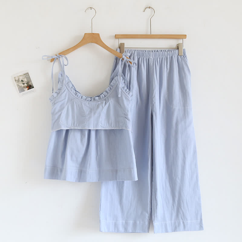 Solid Color Ruffle Cotton Camisole Pajamas - image 3