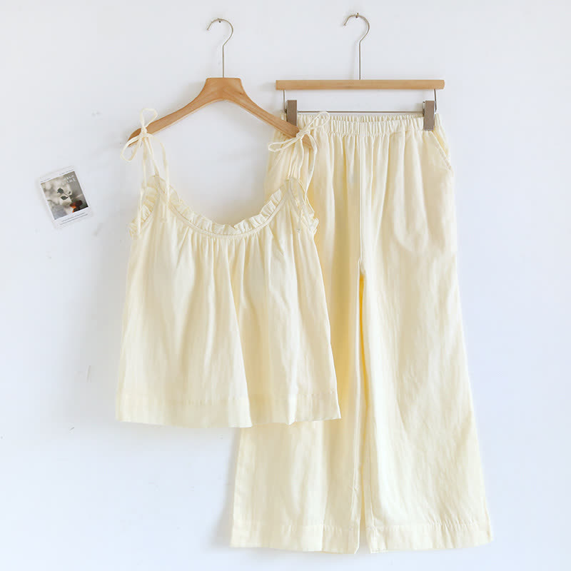 Solid Color Ruffle Cotton Camisole Pajamas - Yellow - XL - image 17
