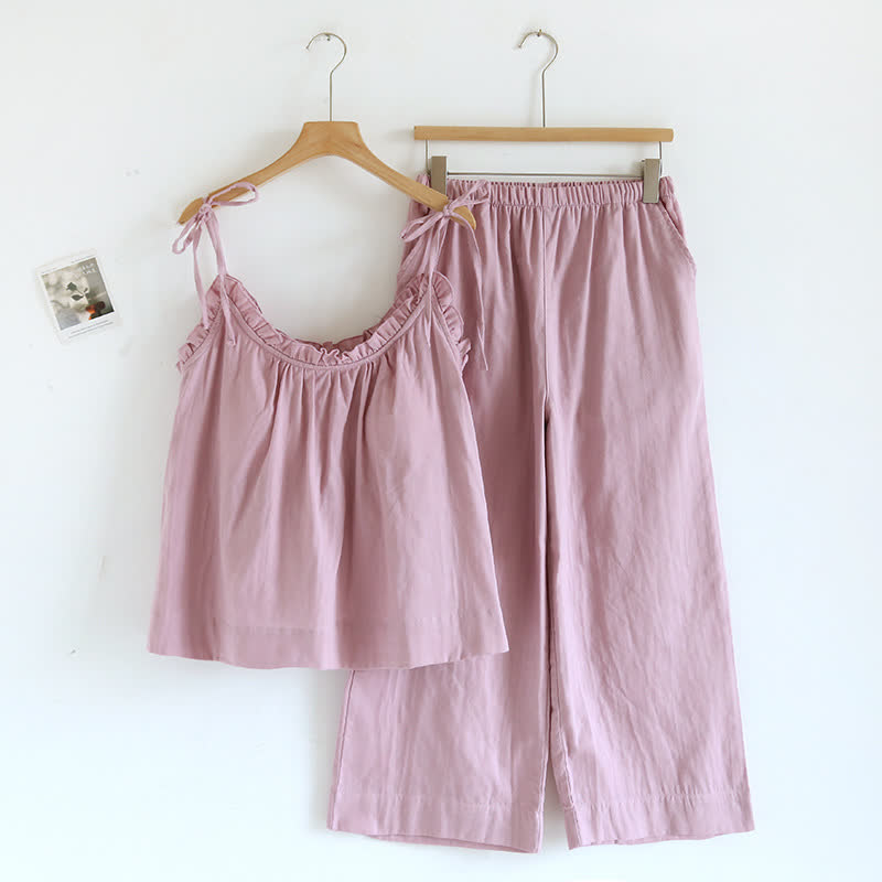 Solid Color Ruffle Cotton Camisole Pajamas - Pink - XL - image 16
