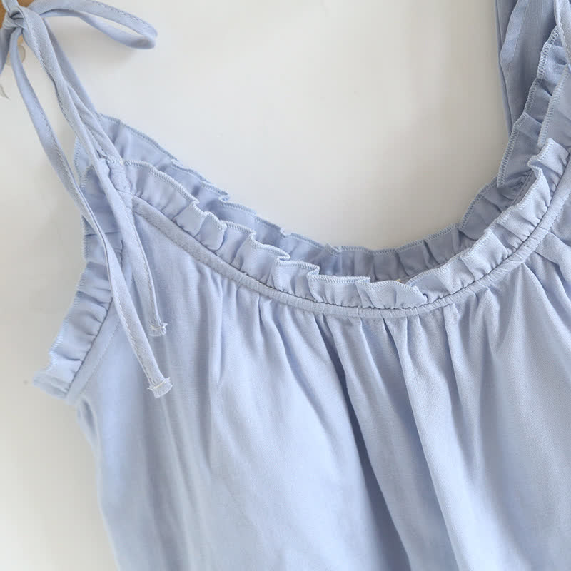 Solid Color Ruffle Cotton Camisole Pajamas - image 6