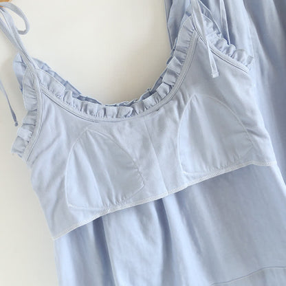 Solid Color Ruffle Cotton Camisole Pajamas - image 7