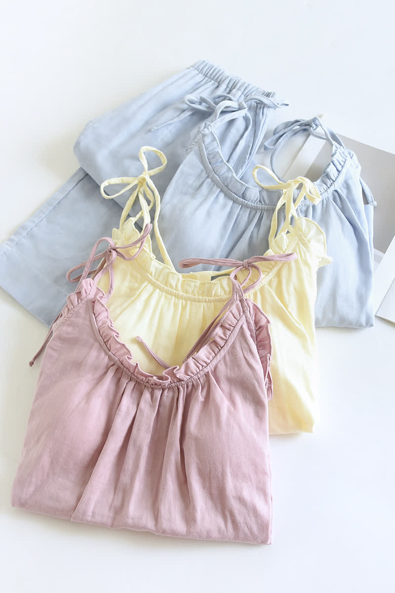 Solid Color Ruffle Cotton Camisole Pajamas - image 2