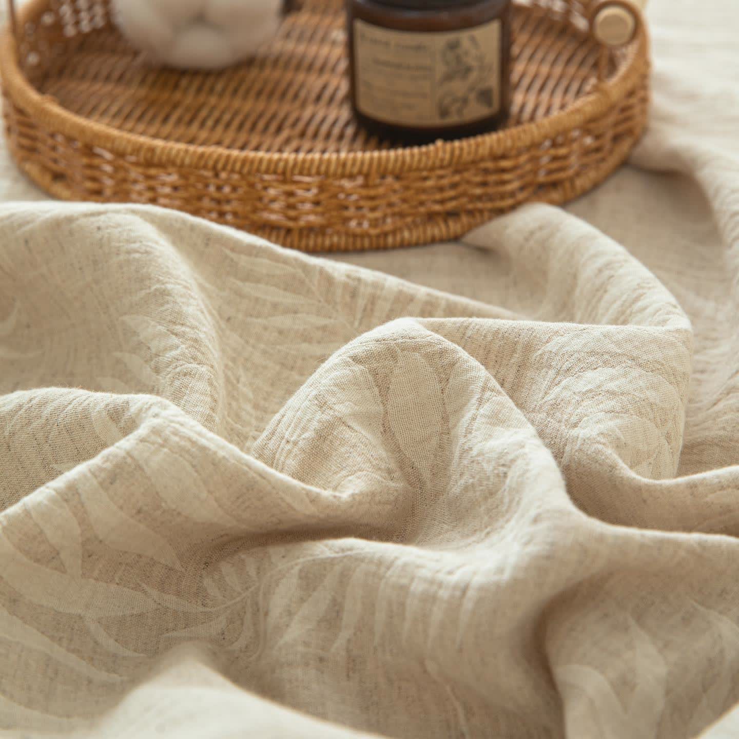 Beige Botanical Textured Cotton Linen Bedspread - image 7