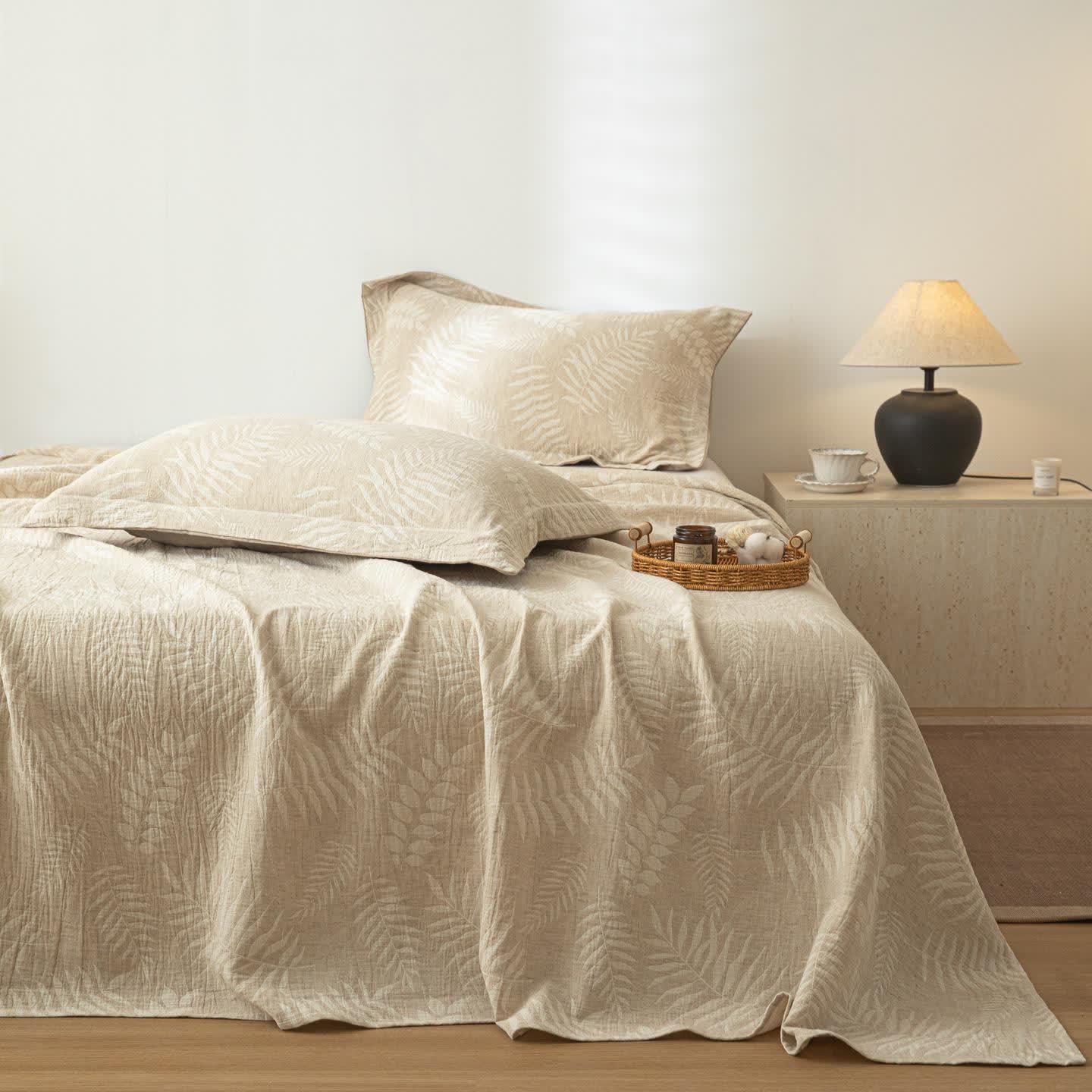 Beige Botanical Textured Cotton Linen Bedspread - image 0