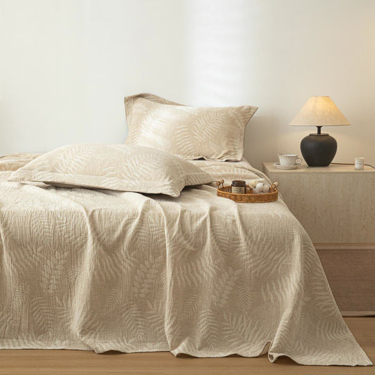 Beige Botanical Textured Cotton Linen Bedspread - image 0