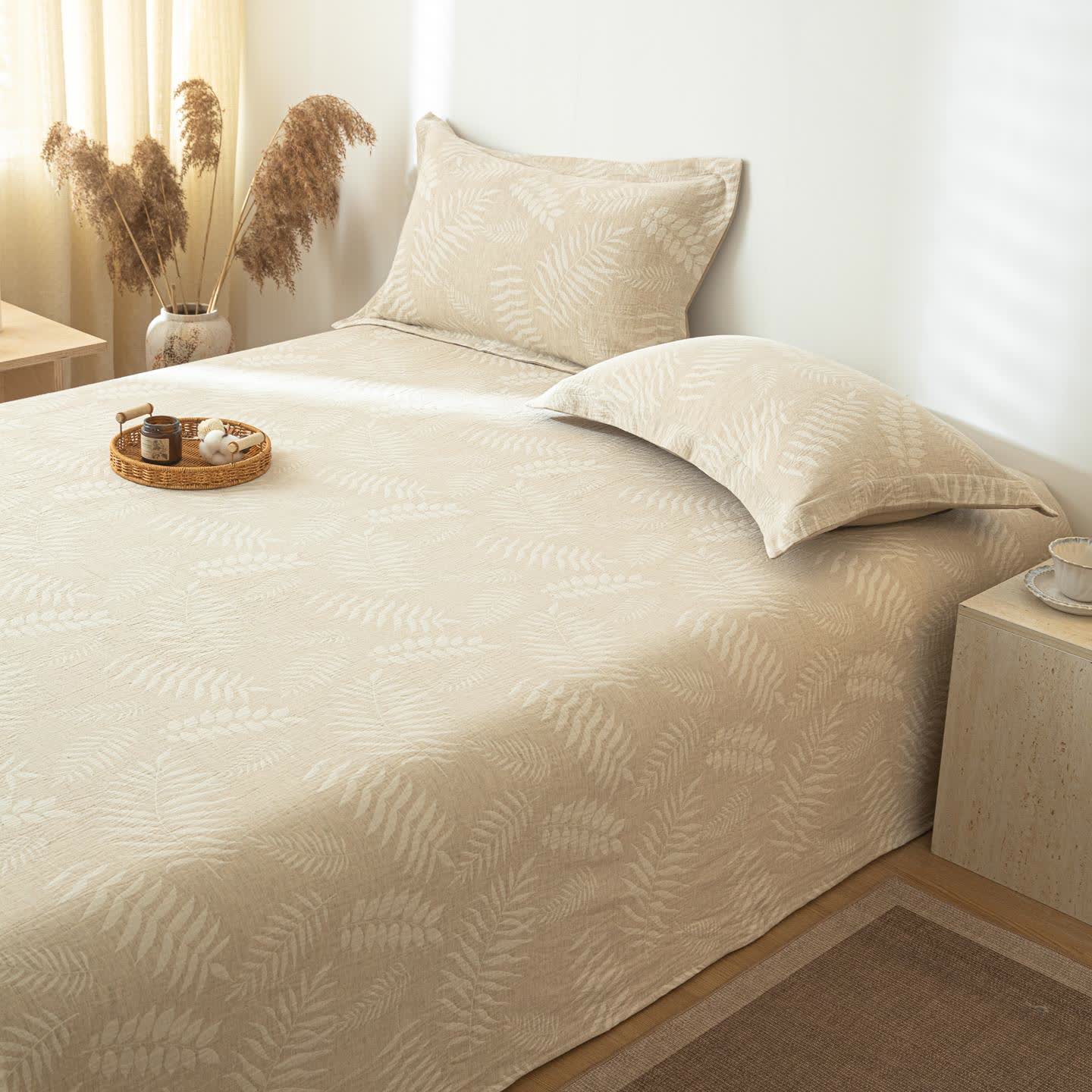 Beige Botanical Textured Cotton Linen Bedspread - Bedspread with 2PCS Pillowcases - King - image 1
