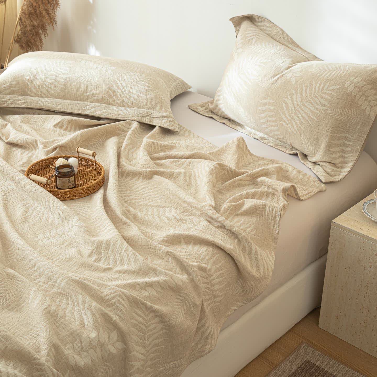 Beige Botanical Textured Cotton Linen Bedspread - image 4