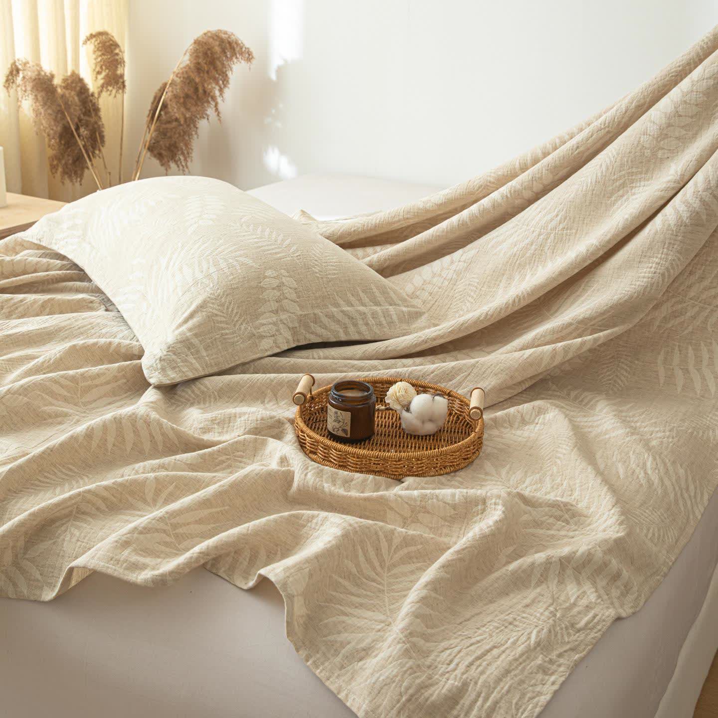 Beige Botanical Textured Cotton Linen Bedspread - image 6