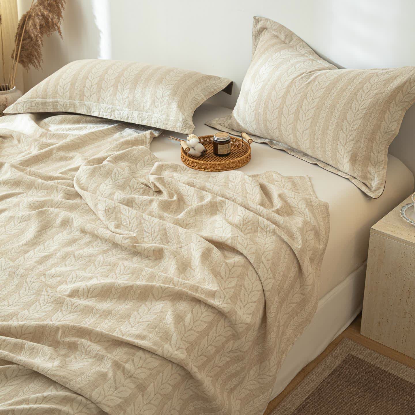 Beige Wheat Textured Cotton Linen Bedspread - image 4