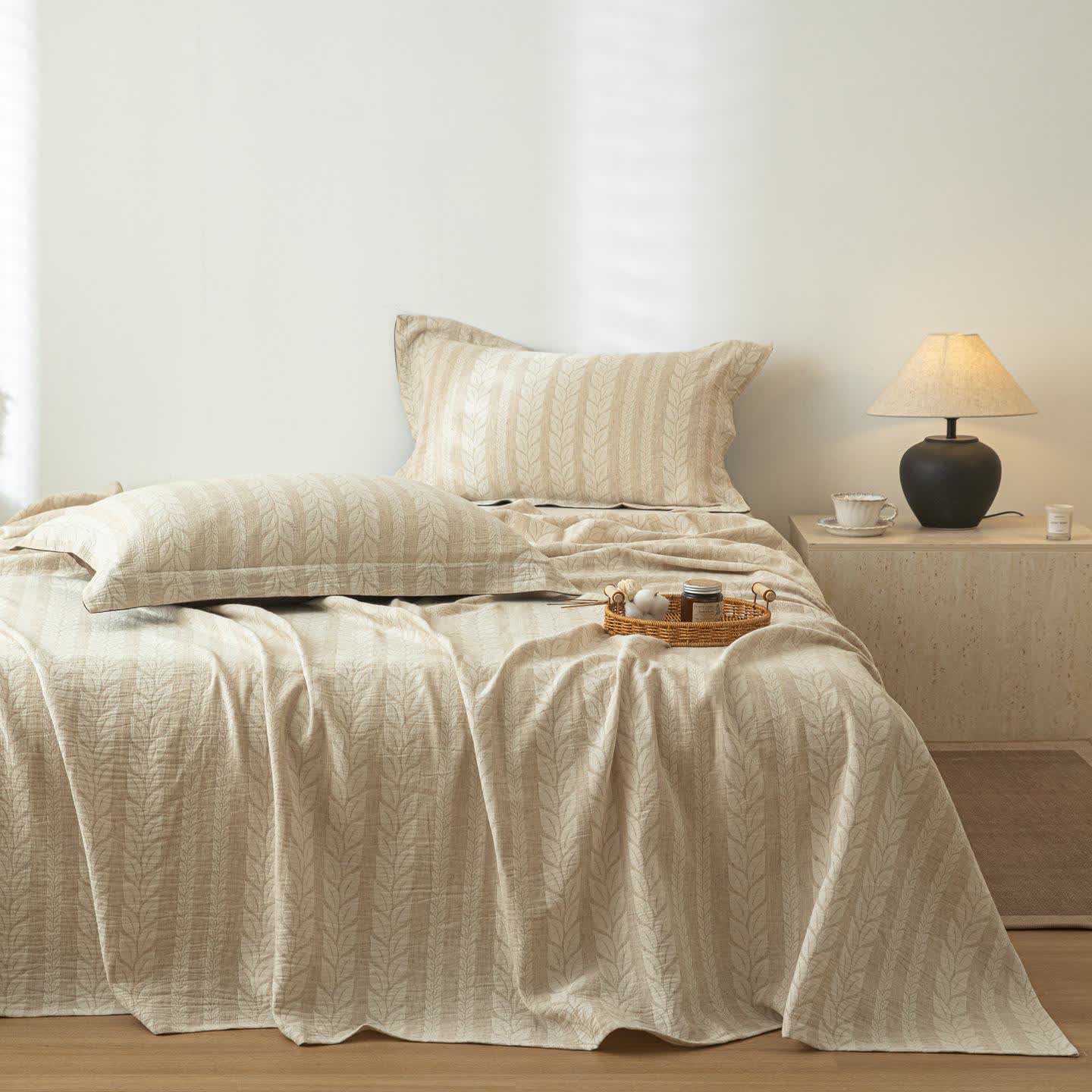 Beige Wheat Textured Cotton Linen Bedspread - image 0