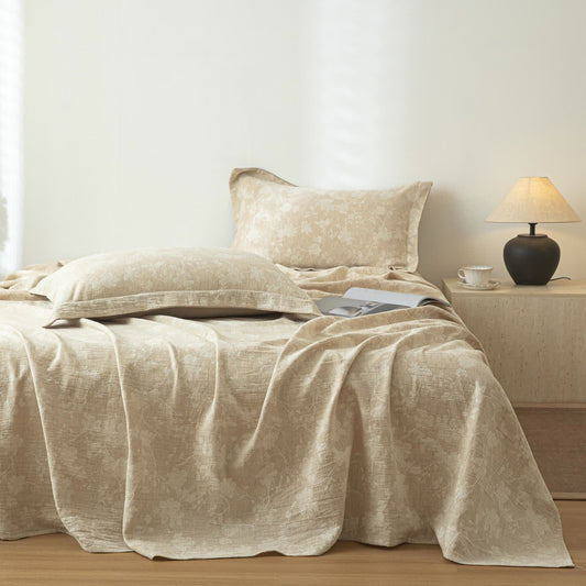 Beige Floral Textured Cotton Linen Bedspread - Bedspread with 2PCS Pillowcases - King - image 0