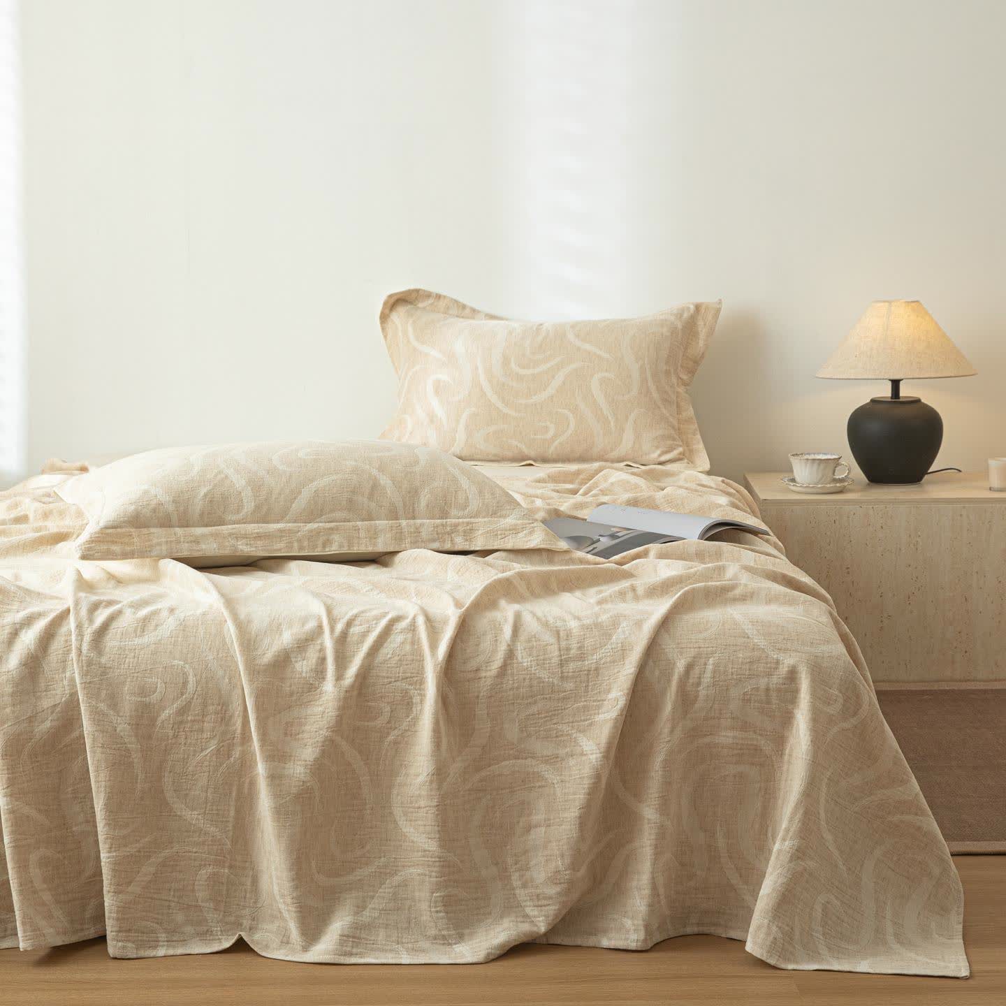 Beige Curve Textured Cotton Linen Bedspread - Bedspread with 2PCS Pillowcases - King - image 0