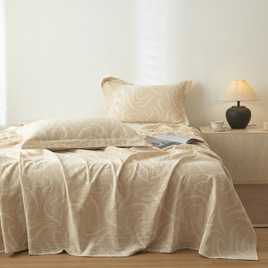 Beige Curve Textured Cotton Linen Bedspread - Bedspread with 2PCS Pillowcases - King - image 0
