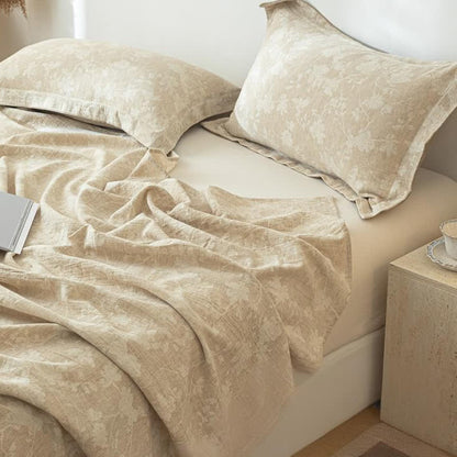 Beige Floral Textured Cotton Linen Bedspread - image 3