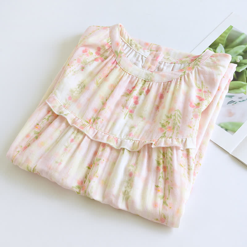 Ruffle Neck Rose Print Cotton Nightgown - image 2