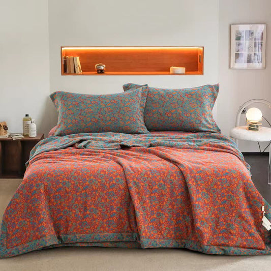 Orange Floral Cotton Gauze Jacquard Quilt - Bedding Sets - Queen - image 0