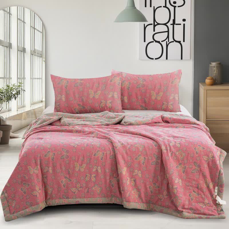 Pink Butterfly Cotton Gauze Jacquard Quilt - Bedding Sets - Queen - image 0