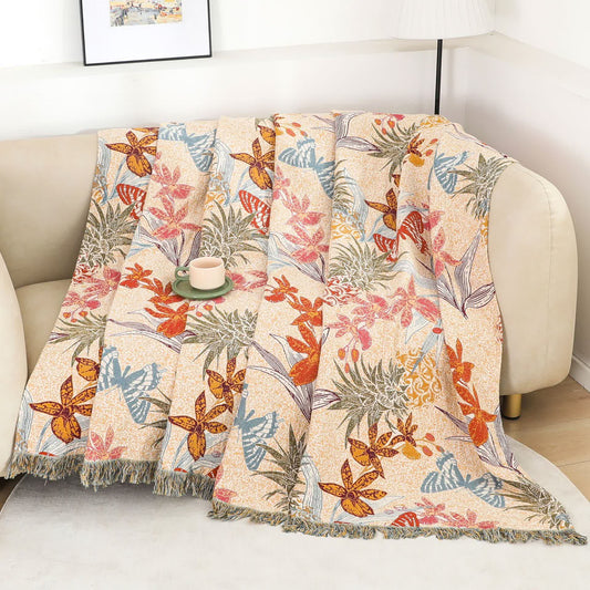 Pineapple Floral Butterfly Natural Cotton Blanket - 79" x 90" - image 0