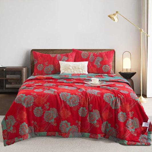 Red Peony Cotton Gauze Jacquard Quilt - Bedding Sets - Queen - image 0