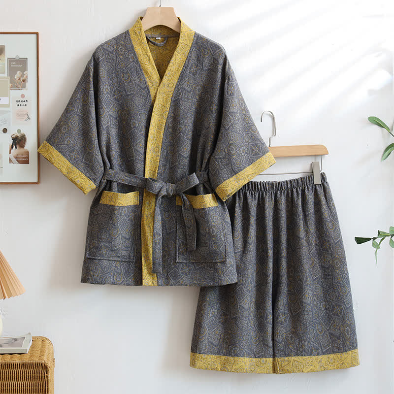 Unisex Grey Geometric Cotton Kimono Nightwear - XXL - image 0