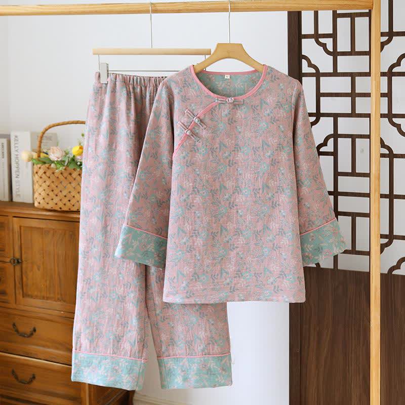 Oriental Floral Cotton Gauze Jacquard Pajamas - Light Pink - XXL - image 3
