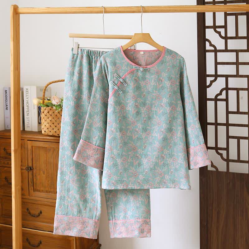 Oriental Floral Cotton Gauze Jacquard Pajamas - Light Green - XXL - image 2