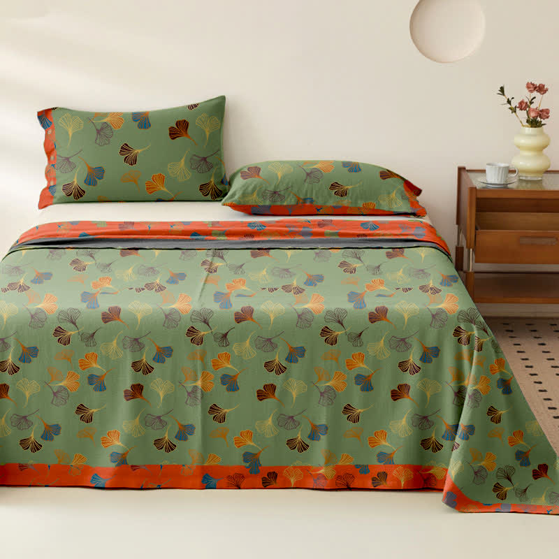 Ginkgo Reversible Cotton Gauze Jacquard Bedspread - Green & Orange - 2PCS Pillowcases - 40" x 20" - image 12