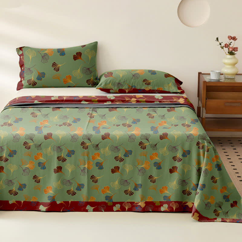 Ginkgo Biloba Cotton Jacquard Sheet Bedspread - Green - 2PCS Pillowcases - 40" x 20" - image 16
