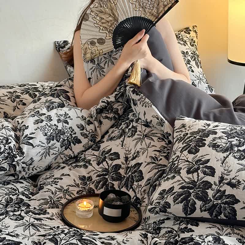 Black Camellia Natural Cotton Bedding Set(4PCS) - image 8